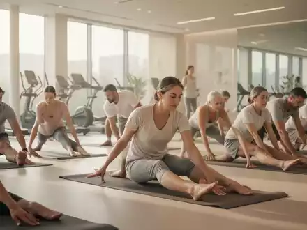 Eine diverse Gruppe von Männern und Frauen bei einer gemeinsamen Beckenboden-Übung in einem hellen Gesundheitszentrum. - Foto: über boerse-global.de
