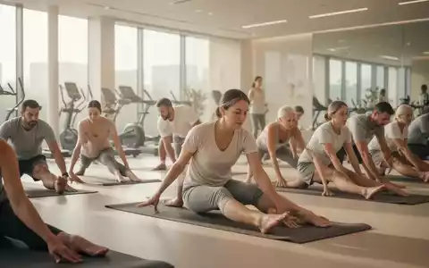 Eine diverse Gruppe von Männern und Frauen bei einer gemeinsamen Beckenboden-Übung in einem hellen Gesundheitszentrum. - Foto: über boerse-global.de