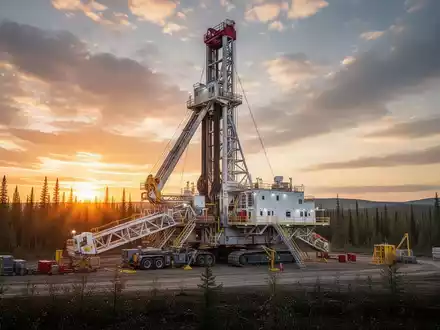 Ein moderner Bohrturm in der kanadischen Wildnis bei Sonnenuntergang. - Foto: über boerse-global.de