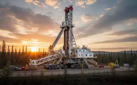 Ein moderner Bohrturm in der kanadischen Wildnis bei Sonnenuntergang. - Foto: über boerse-global.de