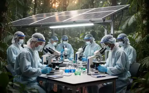 Wissenschaftler arbeiten in einem solarbetriebenen Feldlabor inmitten eines tropischen Regenwaldes. - Foto: über boerse-global.de