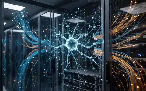 Abstrakte Visualisierung eines neuronalen Netzwerks in einem modernen Serverraum, das Cybersicherheitsrisiken durch KI darstellt. - Foto: über boerse-global.de