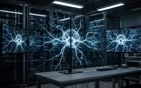 Digitale Visualisierung eines abstrakten neuronalen Netzwerks auf Server-Monitoren, das KI-Sicherheitsprotokolle darstellt. - Foto: über boerse-global.de