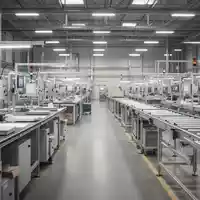 Leere Arbeitsplätze in einer modernen Industriehalle, symbolisch für betriebliche Restrukturierung. - Foto: über boerse-global.de
