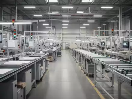 Leere Arbeitsplätze in einer modernen Industriehalle, symbolisch für betriebliche Restrukturierung. - Foto: über boerse-global.de
