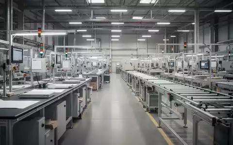 Leere Arbeitsplätze in einer modernen Industriehalle, symbolisch für betriebliche Restrukturierung. - Foto: über boerse-global.de