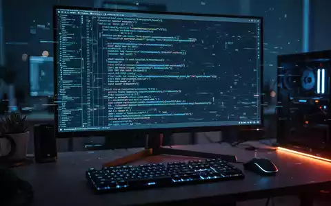 Ein modern beleuchteter Arbeitsplatz mit einem Monitor, auf dem komplexer Programmcode zu sehen ist, symbolisch für Cybersicherheit. - Foto: über boerse-global.de