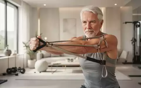 Eine Person über 50 trainiert ihre Armmuskulatur mit einem Widerstandsband in einem hellen, modernen Fitnessraum. - Foto: über boerse-global.de