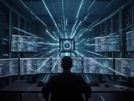Dunkler Serverraum mit leuchtenden Datenströmen und einer menschlichen Silhouette vor Computerbildschirmen. - Foto: über boerse-global.de