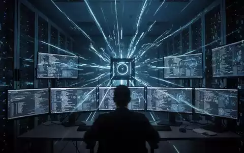 Dunkler Serverraum mit leuchtenden Datenströmen und einer menschlichen Silhouette vor Computerbildschirmen. - Foto: über boerse-global.de
