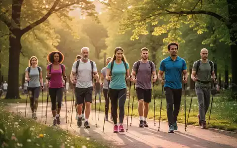 Eine Gruppe von Menschen beim Nordic Walking in einem Berliner Park zur Unterstützung der mentalen Gesundheit. - Foto: über boerse-global.de