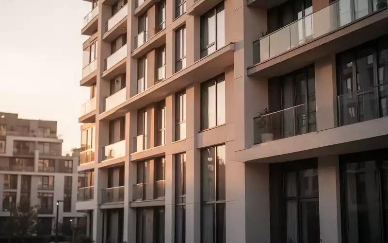 Fassade eines modernen Wohngebäudes bei Sonnenuntergang als Symbol für den Immobilienmarkt. - Foto: über boerse-global.de