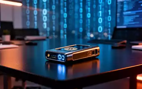 Hardware-Wallet auf einem Schreibtisch vor einem Hintergrund aus digitalem Binärcode. - Foto: über boerse-global.de