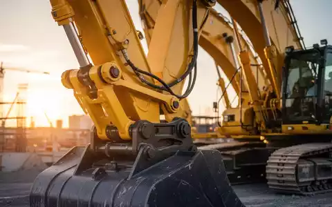Moderner Hydraulikbagger auf einer Baustelle bei Sonnenuntergang, Fokus auf mechanische Bauteile und Stahlkonstruktion. - Foto: über boerse-global.de