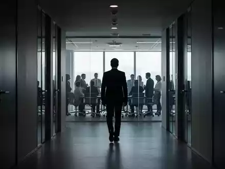 Silhouette eines Managers, der einen hell erleuchteten Konferenzraum verlässt, in dem sich andere Personen befinden. - Foto: über boerse-global.de