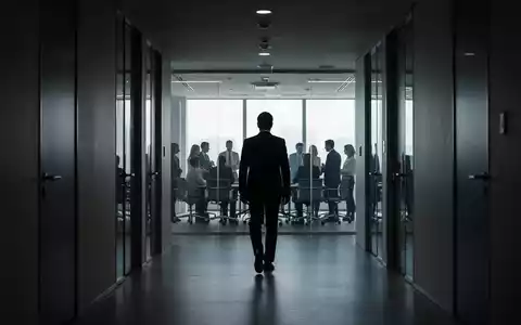 Silhouette eines Managers, der einen hell erleuchteten Konferenzraum verlässt, in dem sich andere Personen befinden. - Foto: über boerse-global.de