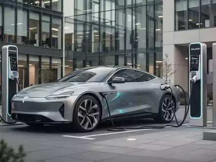 Moderner Hybrid-Dienstwagen an einer Ladestation vor einem Bürogebäude. - Foto: über boerse-global.de