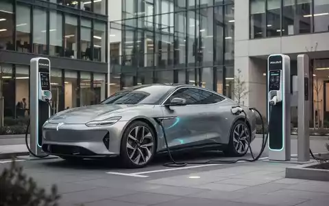 Moderner Hybrid-Dienstwagen an einer Ladestation vor einem Bürogebäude. - Foto: über boerse-global.de