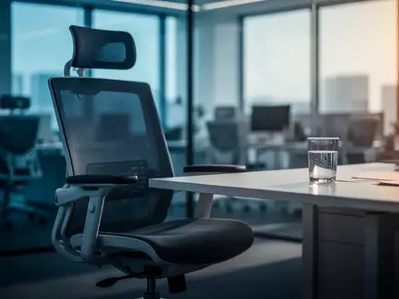 Ein leerer Büroarbeitsplatz mit ergonomischem Stuhl als Symbol für gesundheitliche Belastungen am Arbeitsplatz. - Foto: über boerse-global.de