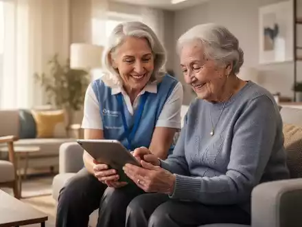 Ein Freiwilliger erklärt einem Senior die Tablet-Bedienung in heller, freundlicher Wohnung. - Foto: über boerse-global.de