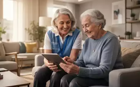 Ein Freiwilliger erklärt einem Senior die Tablet-Bedienung in heller, freundlicher Wohnung. - Foto: über boerse-global.de