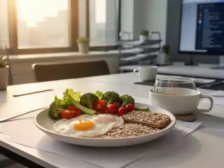Ein gesundes, proteinreiches Frühstück mit Eiern und Gemüse auf einem modernen Schreibtisch im Büro bei Tageslicht. - Foto: über boerse-global.de