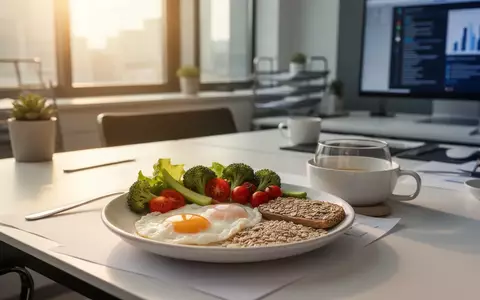 Ein gesundes, proteinreiches Frühstück mit Eiern und Gemüse auf einem modernen Schreibtisch im Büro bei Tageslicht. - Foto: über boerse-global.de