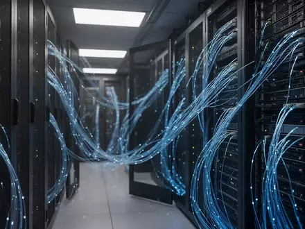 Moderne Serverräume mit leuchtenden Glasfaserkabeln und Server-Racks als Symbol für Cybersicherheit und IT-Infrastruktur. - Foto: über boerse-global.de