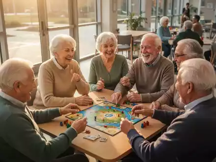 Eine Gruppe fröhlicher Senioren sitzt in einem hellen Gemeinschaftsraum zusammen und unterhält sich bei einem Gesellschaftsspiel. - Foto: über boerse-global.de