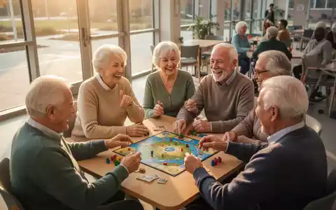Eine Gruppe fröhlicher Senioren sitzt in einem hellen Gemeinschaftsraum zusammen und unterhält sich bei einem Gesellschaftsspiel. - Foto: über boerse-global.de