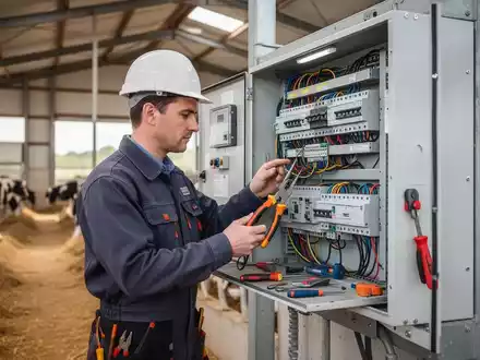 Elektriker bei der fachgerechten Überprüfung eines Schaltkastens in einem landwirtschaftlichen Betrieb. - Foto: über boerse-global.de