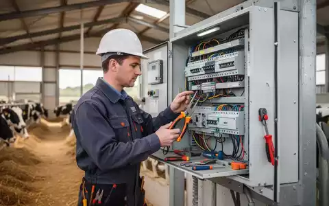 Elektriker bei der fachgerechten ĂberprĂŒfung eines Schaltkastens in einem landwirtschaftlichen Betrieb. - Foto: ĂŒber boerse-global.de