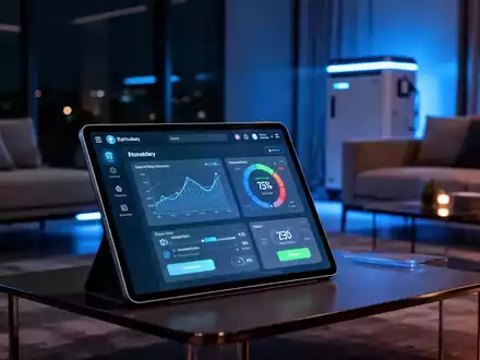 Ein modernes Smart-Home-Energiemanagementsystem auf einem Tablet bei Nacht, das die Energieoptimierung visualisiert. - Foto: über boerse-global.de