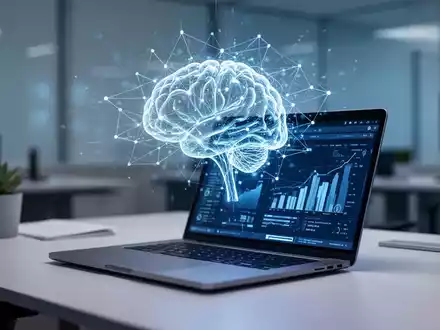 Ein moderner Arbeitsplatz mit einem Laptop, über dem eine holografische Darstellung eines neuronalen Netzwerks schwebt. - Foto: über boerse-global.de