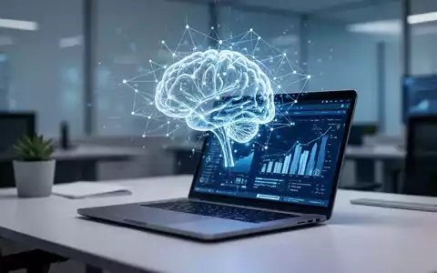 Ein moderner Arbeitsplatz mit einem Laptop, über dem eine holografische Darstellung eines neuronalen Netzwerks schwebt. - Foto: über boerse-global.de