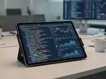 Modernes Büro-Setup mit einem Tablet, das XML-Daten und Finanzdiagramme anzeigt, als Symbol für die digitale Rechnungsstellung. - Foto: über boerse-global.de