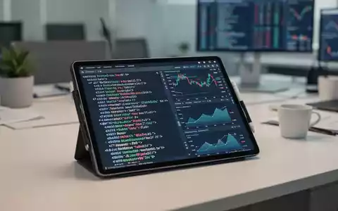Modernes Büro-Setup mit einem Tablet, das XML-Daten und Finanzdiagramme anzeigt, als Symbol für die digitale Rechnungsstellung. - Foto: über boerse-global.de