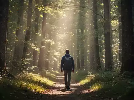 Eine Person spaziert entspannt durch einen sonnendurchfluteten Wald, der die präventive Wirkung der Natur symbolisiert. - Foto: über boerse-global.de