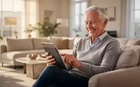 Ein älterer Mensch nutzt lächelnd ein Tablet in einem hellen, modern eingerichteten Wohnzimmer. - Foto: über boerse-global.de
