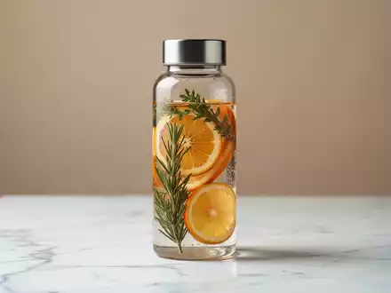 Eine moderne Glasflasche mit aromatisiertem Wasser und Zitrusfrüchten auf einer eleganten Marmoroberfläche. - Foto: über boerse-global.de