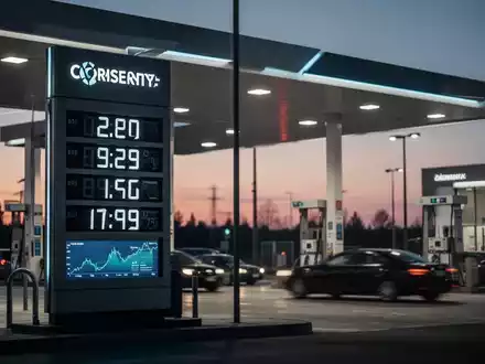 Digitale Preisanzeige an einer Tankstelle bei Dämmerung als Symbol für kartellrechtliche Ermittlungen. - Foto: über boerse-global.de