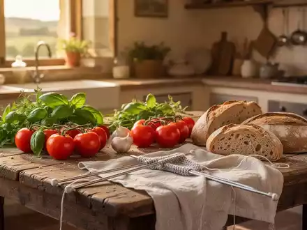 Ein rustikaler Holztisch mit frischen Lebensmitteln und Strickzeug in einer sonnendurchfluteten italienischen Küche. - Foto: über boerse-global.de
