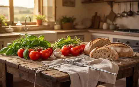 Ein rustikaler Holztisch mit frischen Lebensmitteln und Strickzeug in einer sonnendurchfluteten italienischen Küche. - Foto: über boerse-global.de