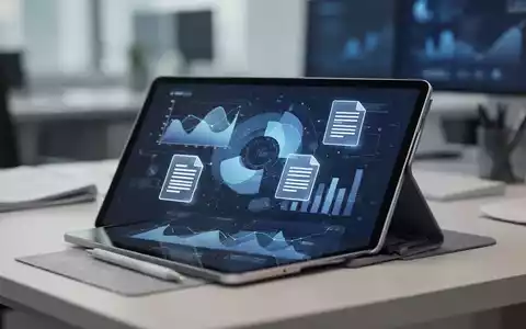 Ein modernes, digitales Büro-Setup mit einem Tablet, das Datenvisualisierungen und Dokumentensymbole zeigt. - Foto: über boerse-global.de
