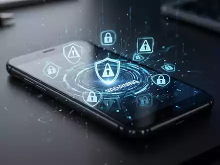 Ein Smartphone auf einem dunklen Schreibtisch mit abstrakten digitalen Sicherheitssymbolen auf dem Display. - Foto: über boerse-global.de