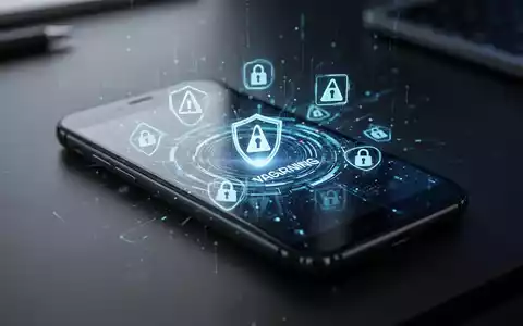 Ein Smartphone auf einem dunklen Schreibtisch mit abstrakten digitalen Sicherheitssymbolen auf dem Display. - Foto: über boerse-global.de