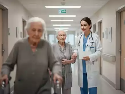 Ein medizinischer Betreuer begleitet eine ältere Person in einem hellen, modernen Krankenhausflur. - Foto: über boerse-global.de