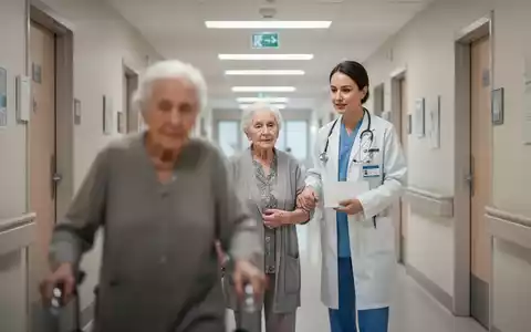 Ein medizinischer Betreuer begleitet eine ältere Person in einem hellen, modernen Krankenhausflur. - Foto: über boerse-global.de