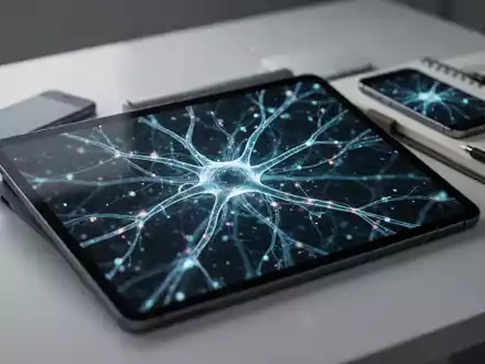 Ein Tablet mit einer Grafik eines neuronalen Netzwerks auf einem Schreibtisch als Symbol für digitales kognitives Training. - Foto: über boerse-global.de
