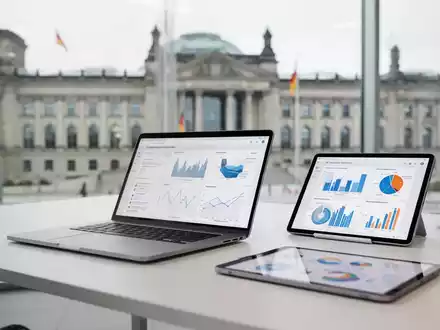 Moderner Büroarbeitsplatz mit Laptop und Datenvisualisierungen zur Digitalisierung des Datenaustauschs. - Foto: über boerse-global.de